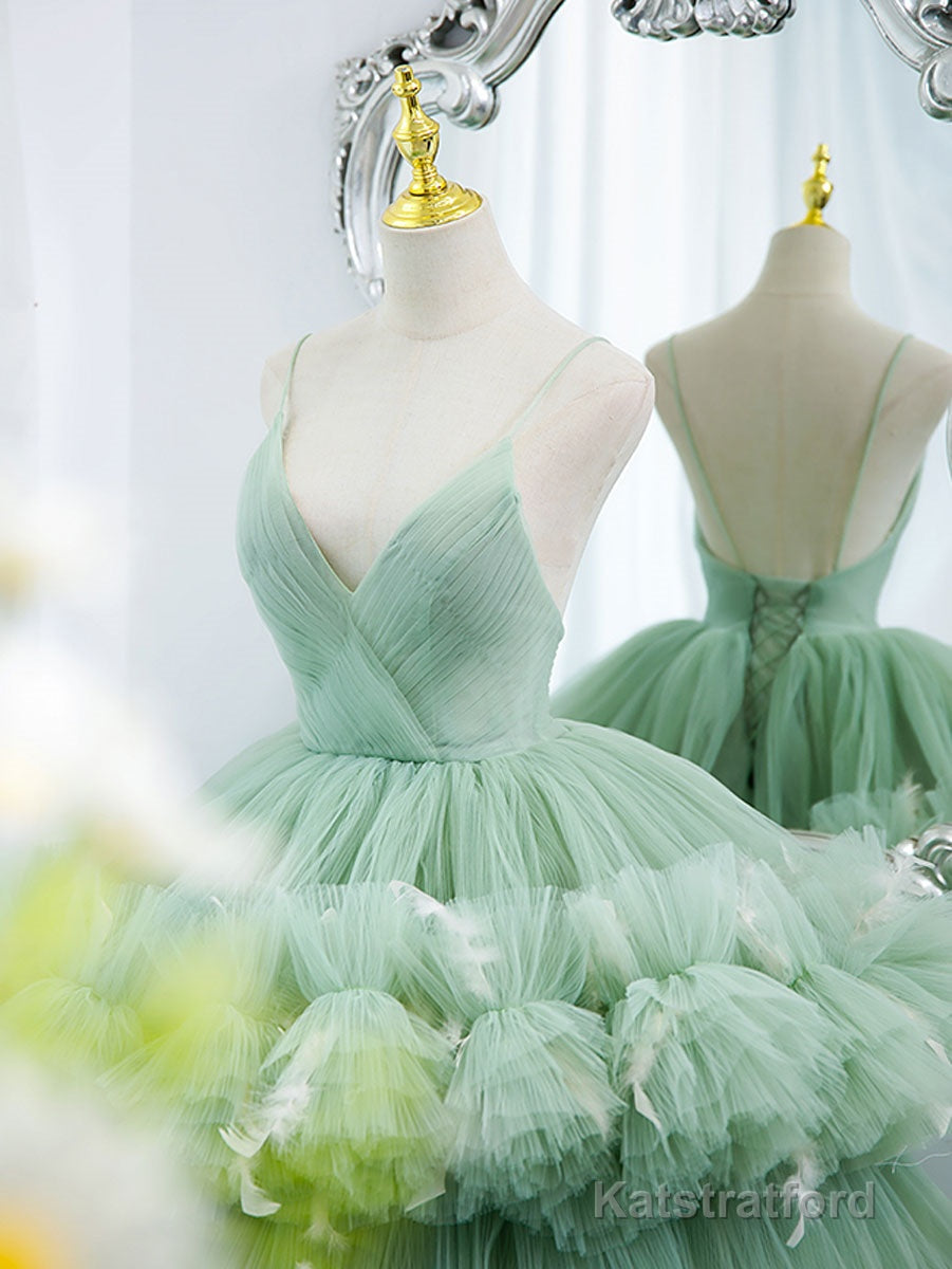 Green v neck tulle long prom gown, green tulle sweet 16 dress