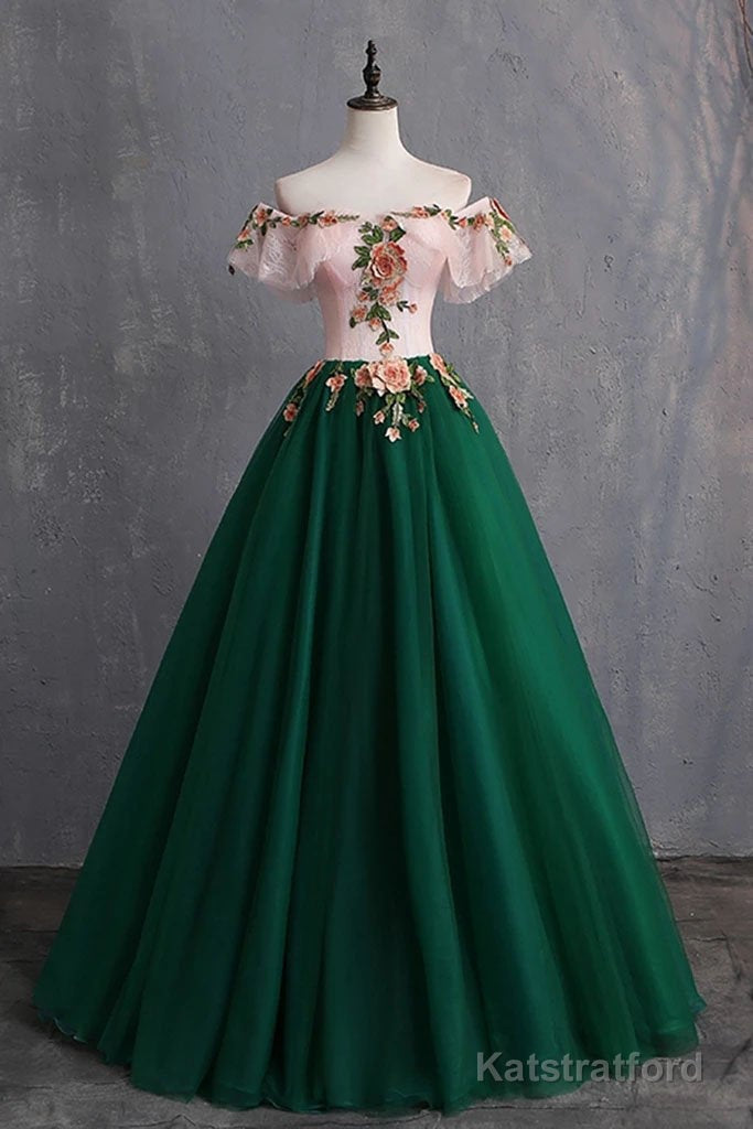 Green Off the Shoulder Floor Length Prom Dress with Appliques, Puffy Quinceanera Dress