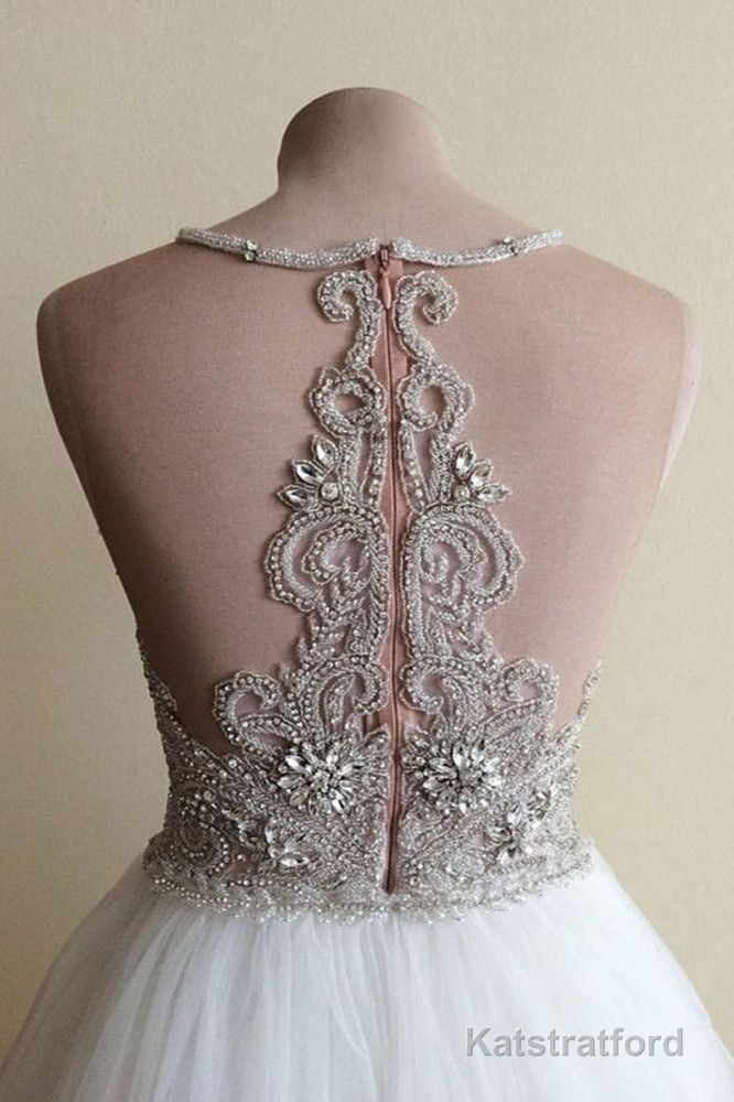 Halter Illusion neck High split A line Tulle Princess Wedding Dress