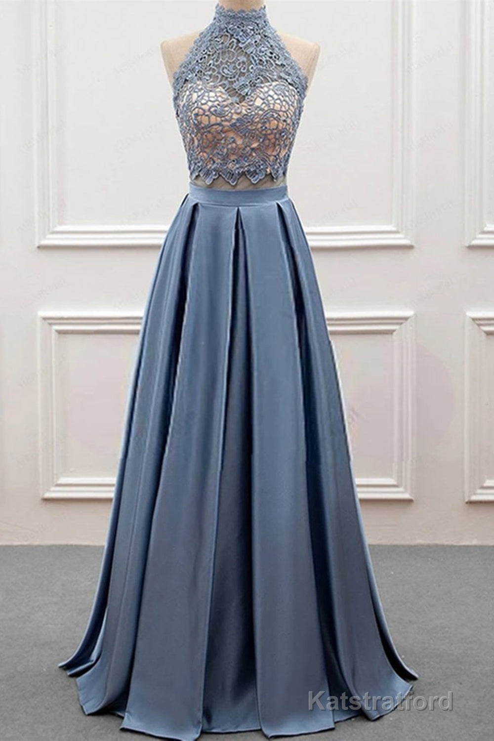 High Neck Two Pieces Blue Lace Long Prom Dress, 2 Pieces Blue Lace Formal Dress, Blue Evening Dress