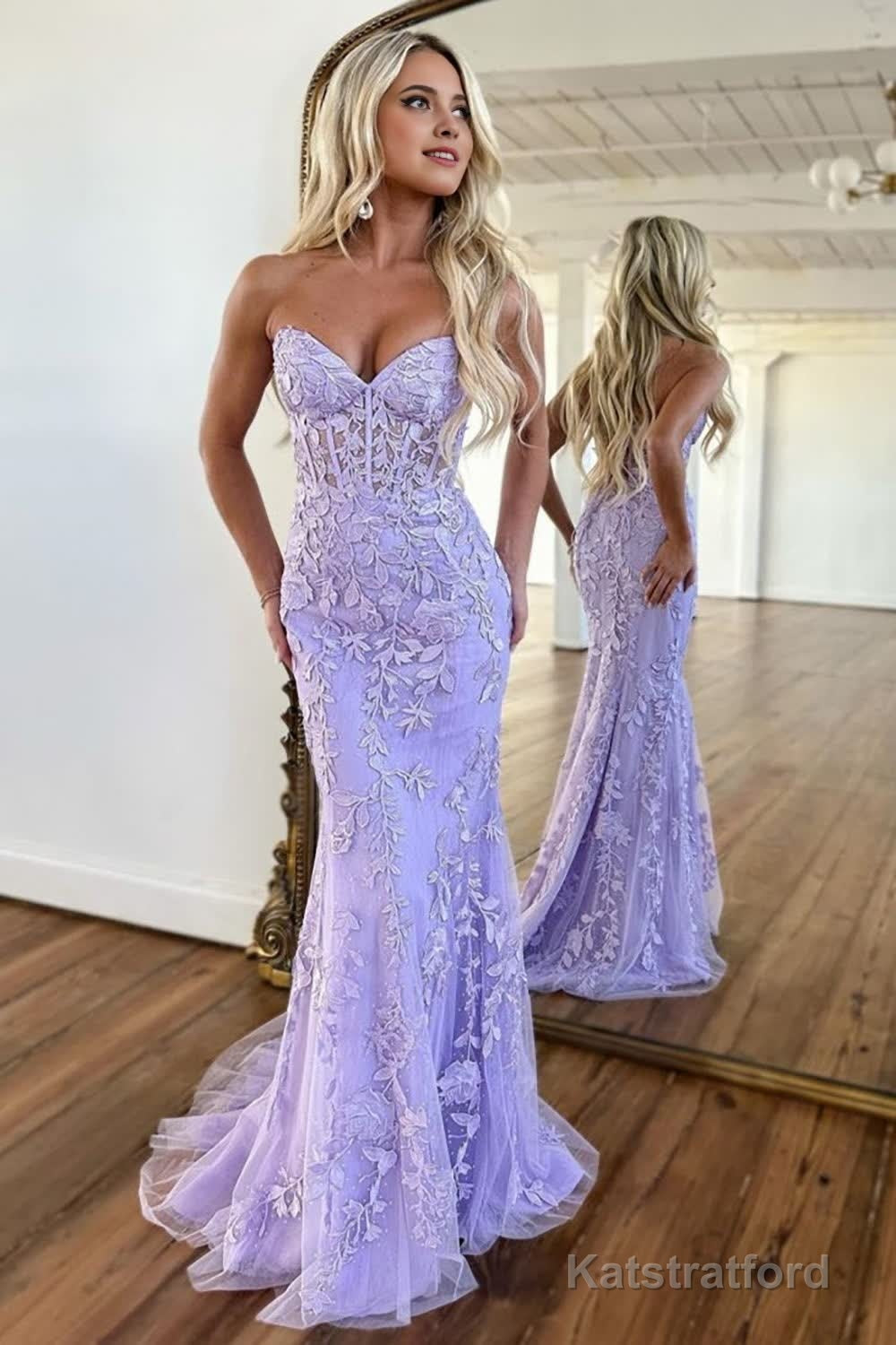 Light Blue Sweetheart Lace-Up Long Mermaid Prom Dress with Appliques