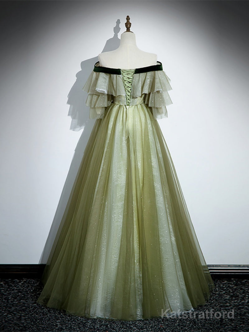 Light Green Tulle with Lace A-line Long Party Dress, Light Green Evening Dress Prom Dress