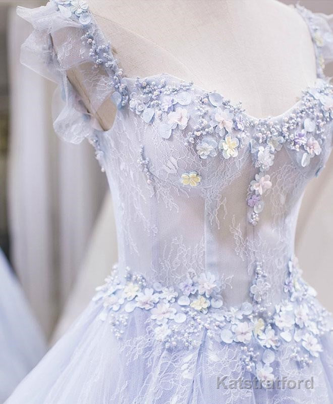 Light Lace Long Party Dress, A-line Cap Sleeves Beaded Prom Dress