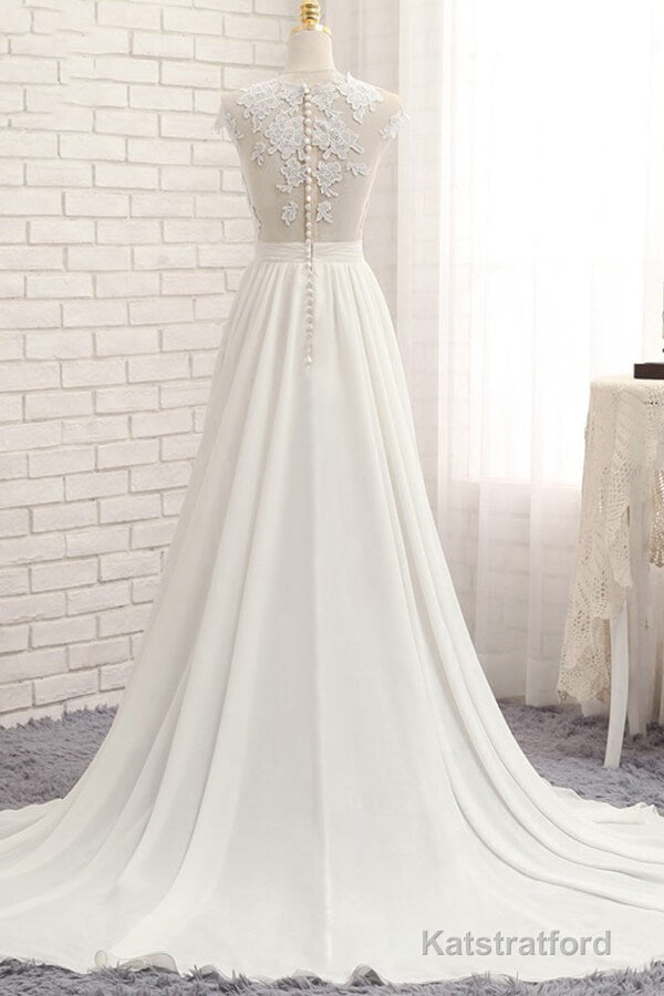 Long A-line Appliques Lace Chiffon Wedding Dress with Slit