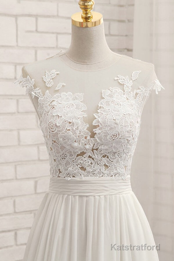 Long A-line Appliques Lace Chiffon Wedding Dress with Slit