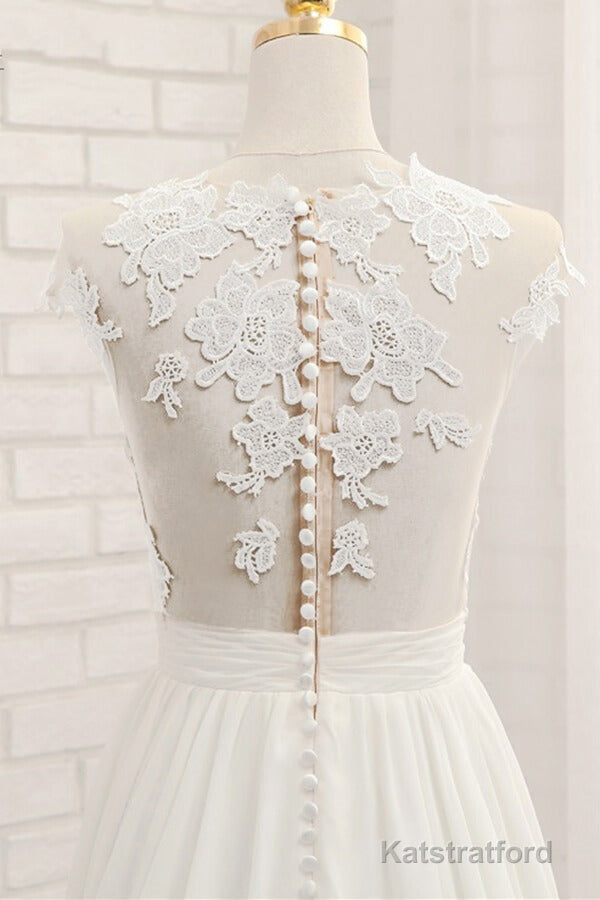 Long A-line Appliques Lace Chiffon Wedding Dress with Slit