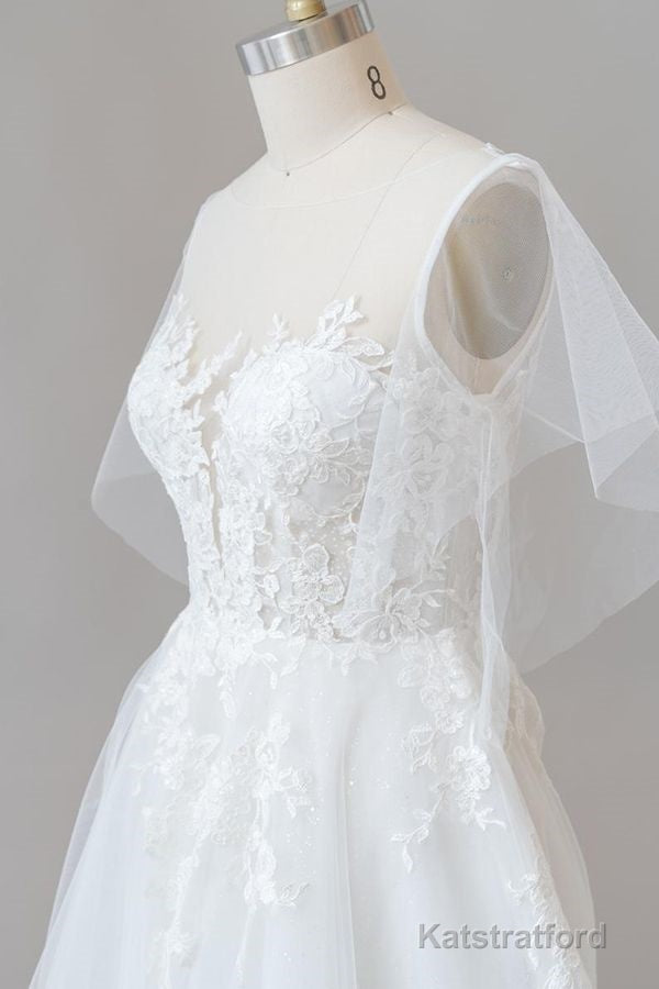 Long A-line Appliques Lace Tulle Wedding Dress with Sleeves