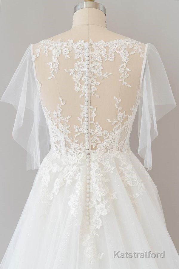 Long A-line Appliques Lace Tulle Wedding Dress with Sleeves