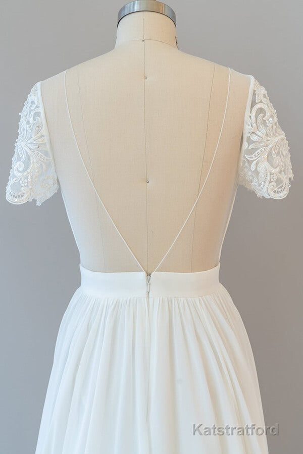 Long A-line Chiffon Backless Wedding Dress with Sleeves