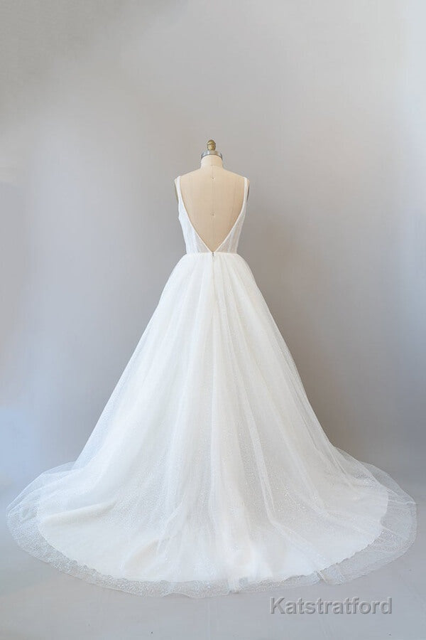Long A-line Open Back Sequins Tulle Backless Wedding Dress