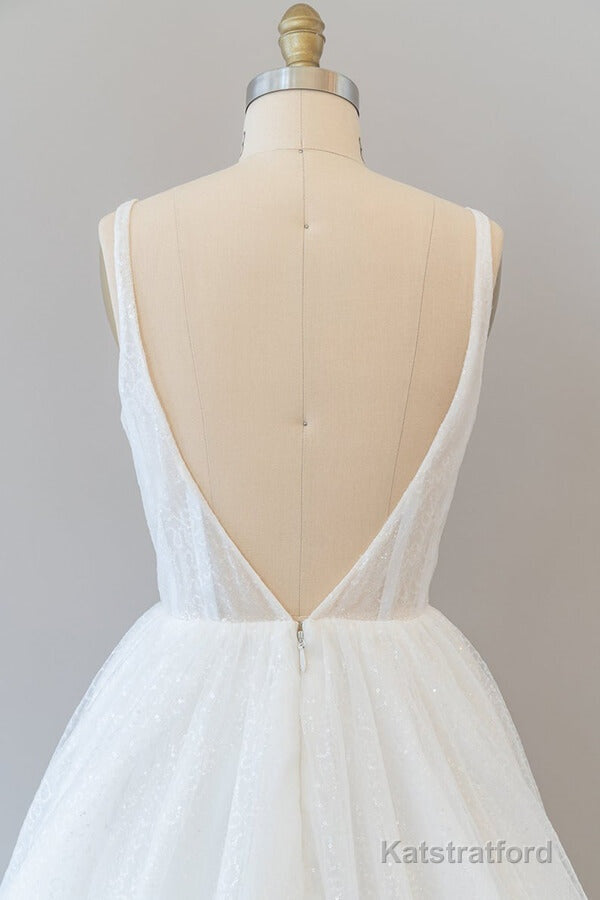 Long A-line Open Back Sequins Tulle Backless Wedding Dress