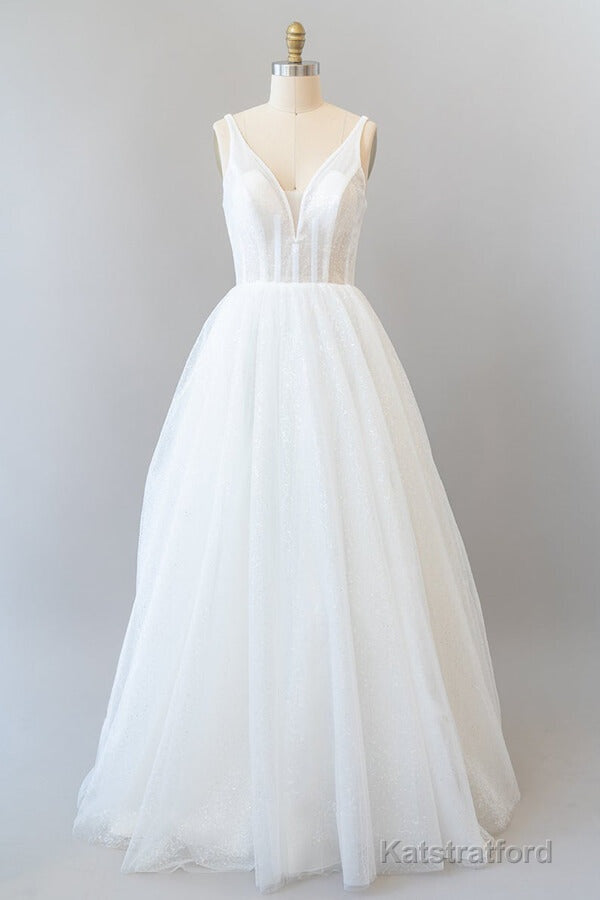 Long A-line Open Back Sequins Tulle Backless Wedding Dress