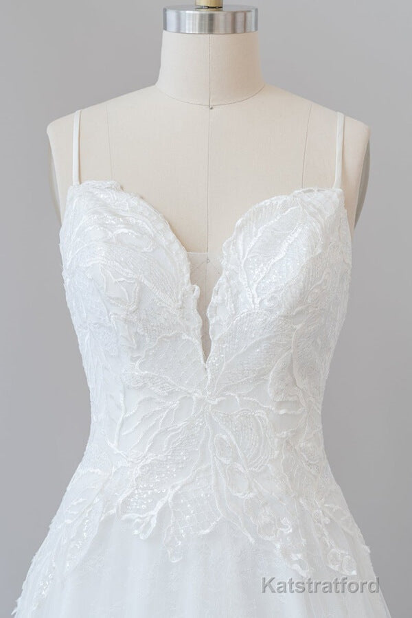 Long A-line Spaghetti Strap Applique Tulle Backless Wedding Dress
