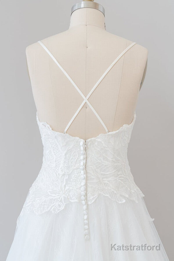 Long A-line Spaghetti Strap Applique Tulle Backless Wedding Dress