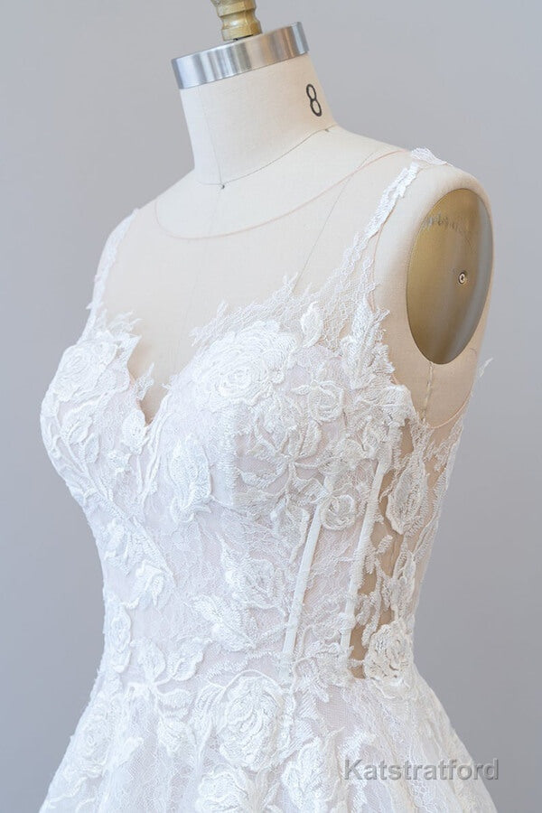 Long A-line Sweetheart Appliques Lace Tulle Wedding Dress