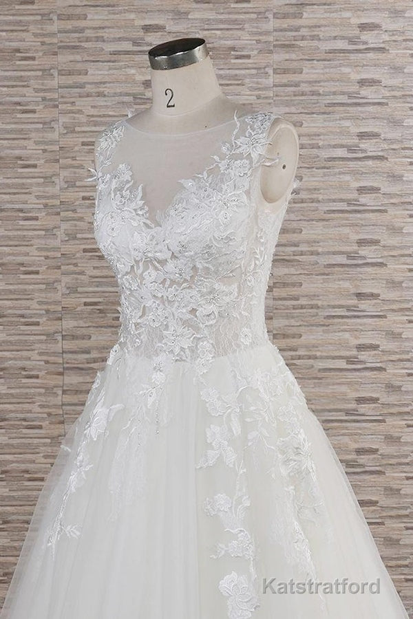 Long A-line Sweetheart Applqiues Lace Tulle Wedding Dress