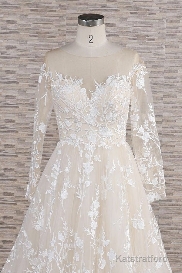 Long A-line Sweetheart Applqiues Tulle Wedding Dress with Sleeves