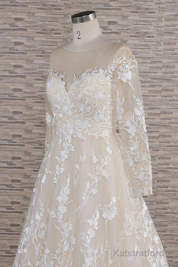 Long A-line Sweetheart Applqiues Tulle Wedding Dress with Sleeves