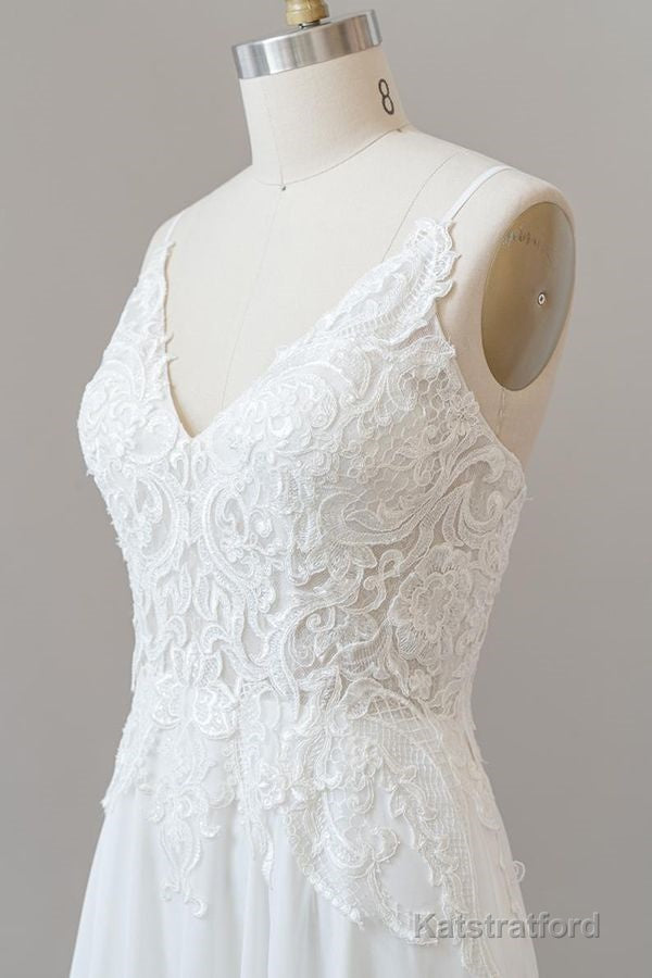 Long A-line Sweetheart Spaghetti Strap Appliques Chiffon Wedding Dress