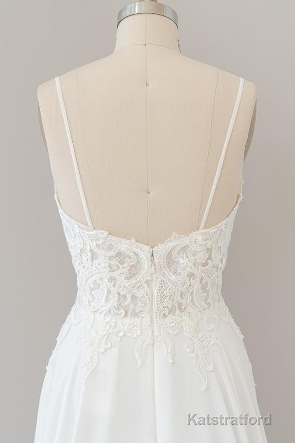 Long A-line Sweetheart Spaghetti Strap Appliques Chiffon Wedding Dress