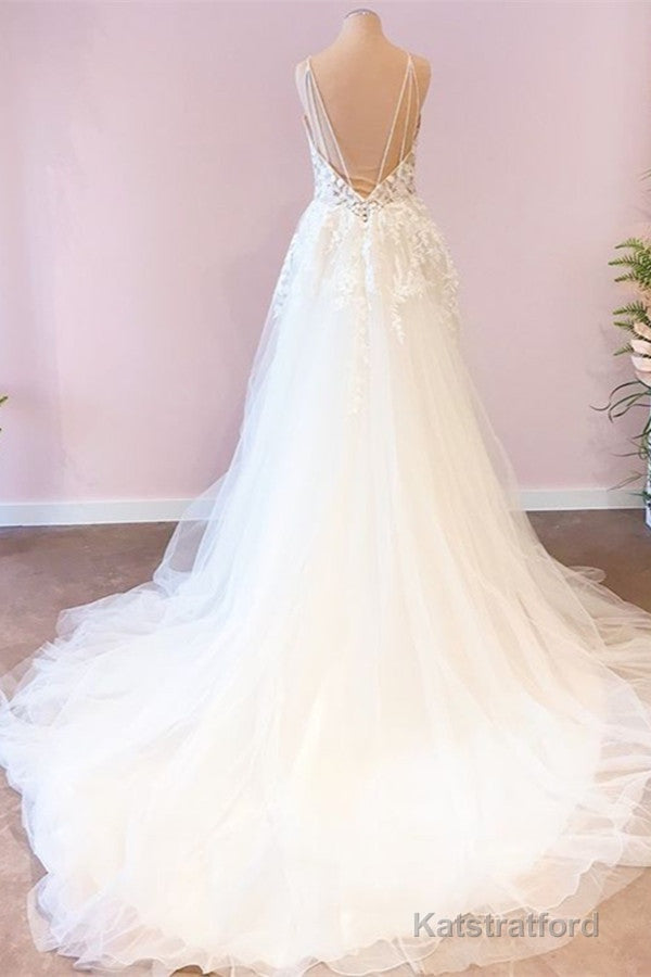 Long A-Line Sweetheart Spaghetti Straps Tulle Wedding Dress