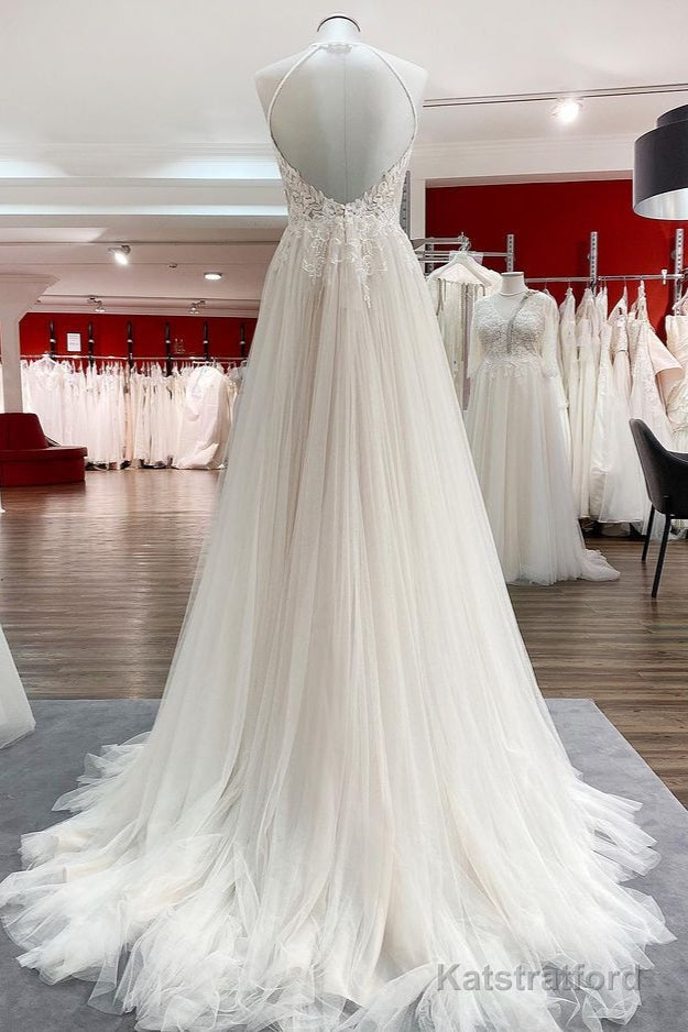 Long A-line Tulle Open Back Halter Sleeveless Lace Wedding Dresses