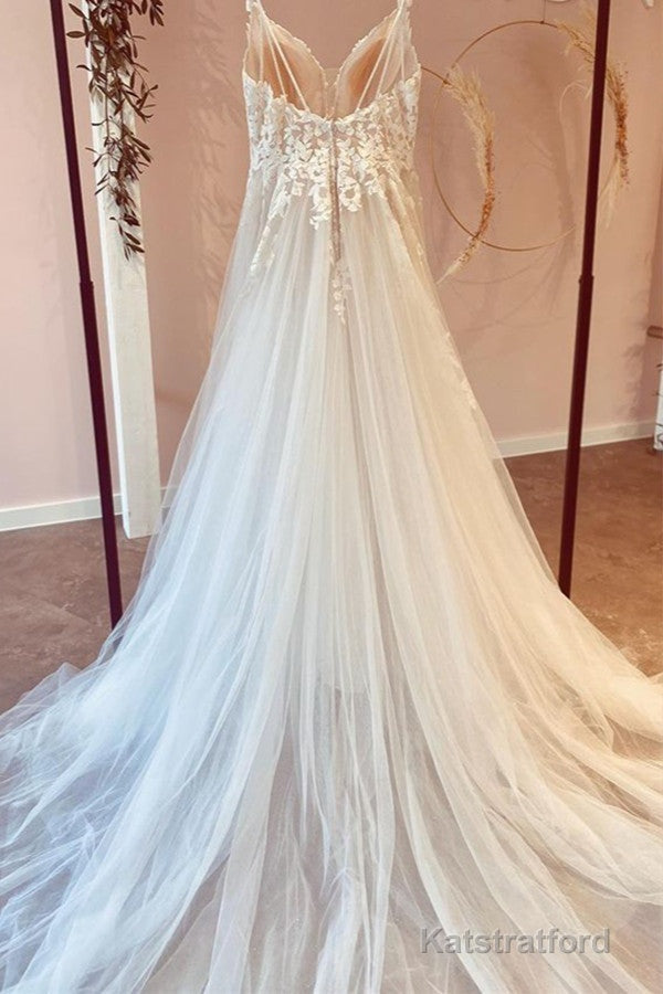 Long A-Line Tulle Sweetheart Appliques Lace Wedding Dress