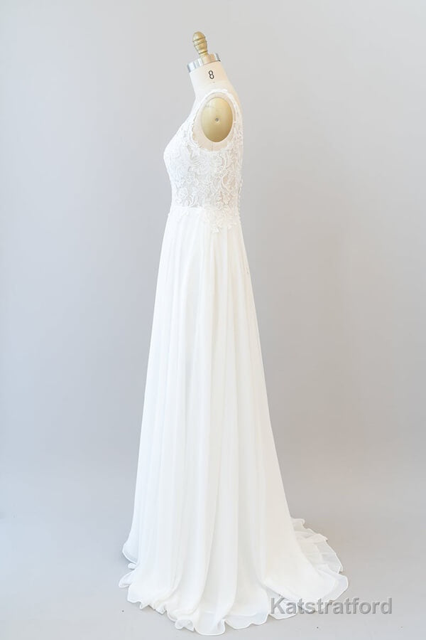 Long A-line V-neck Appliques Lace Chiffon Wedding Dress