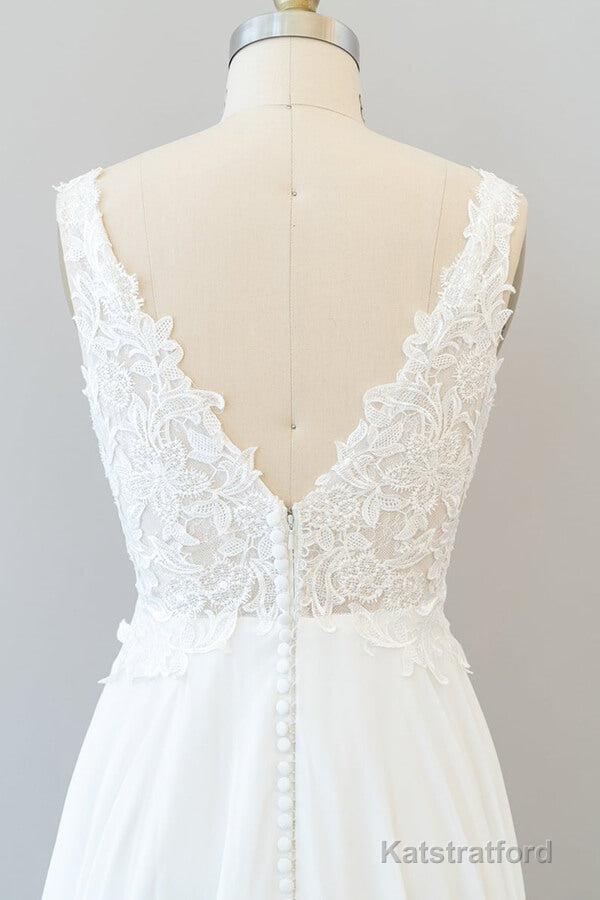 Long A-line V-neck Appliques Lace Chiffon Wedding Dress