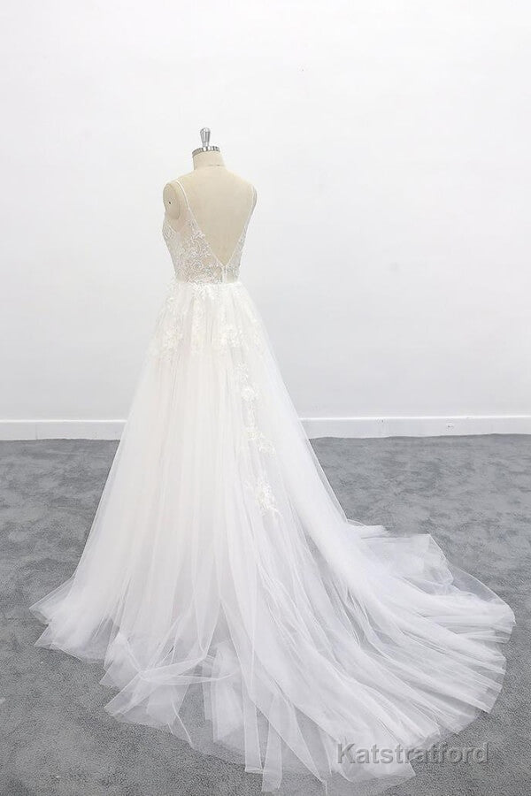 Long A-line V-neck Backless Appliques Lace Tulle Wedding Dress