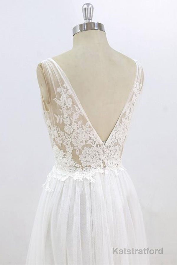 Long A-line V-neck Lace Tulle Open Back Wedding Dress
