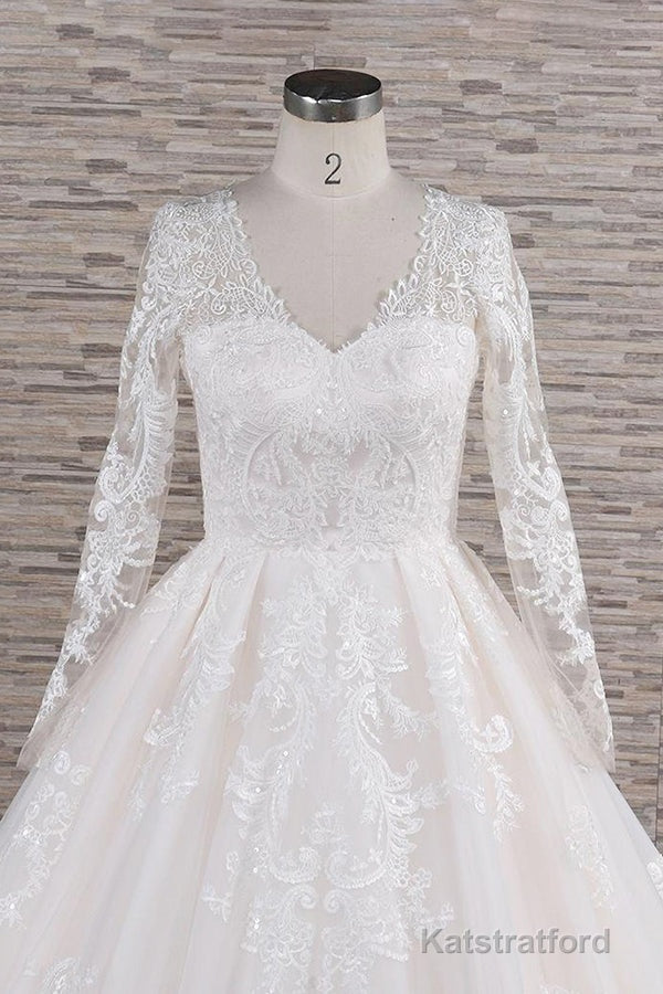 Long A-line V-neck Tulle Appliques Lace Wedding Dress with Sleeves