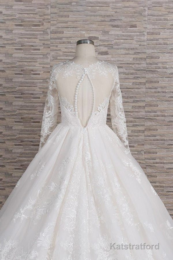Long A-line V-neck Tulle Appliques Lace Wedding Dress with Sleeves
