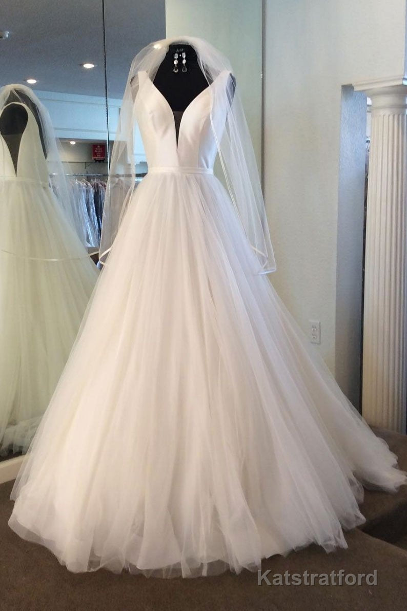 Long A-line V Neck Tulle Satin Wedding Dress