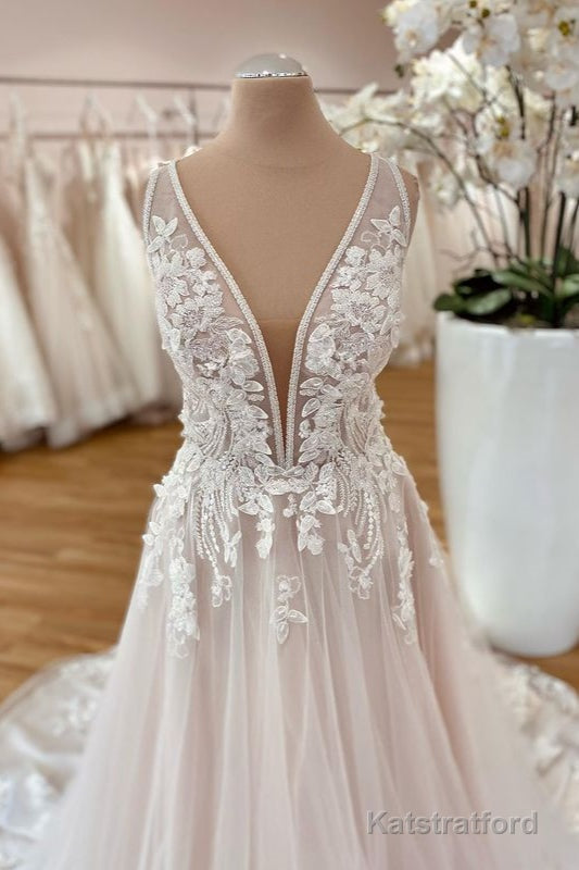 Long A-Line Wide Straps Tulle Floral Lace Wedding Dress