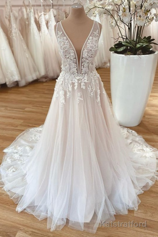 Long A-Line Wide Straps Tulle Floral Lace Wedding Dress
