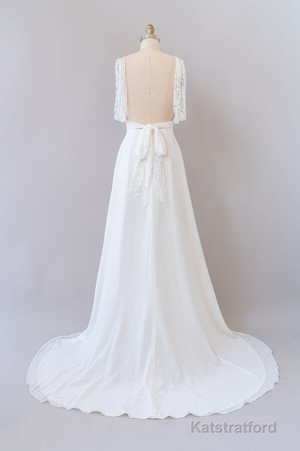Long Empire A-line V-neck Lace Chiffon Open Back Wedding Dress