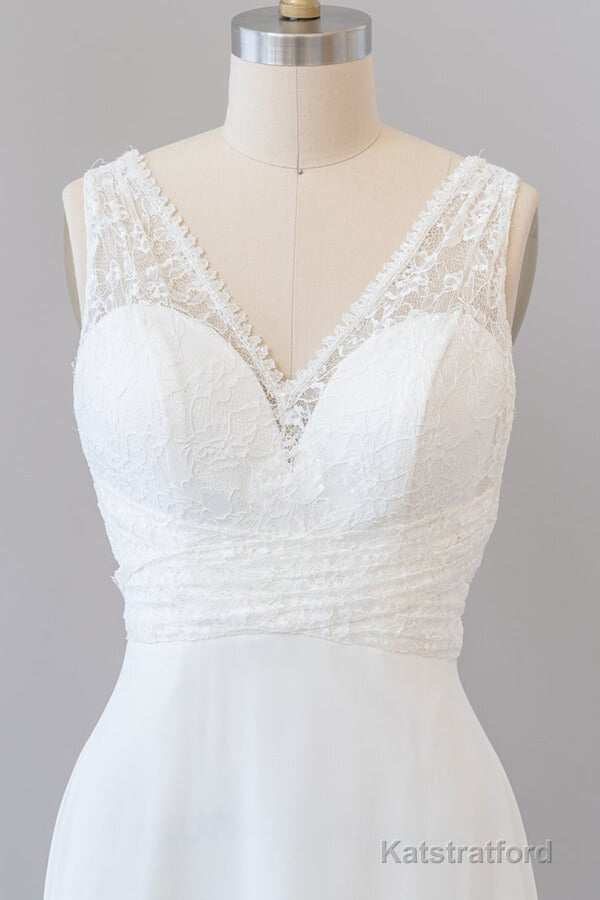 Long Empire A-line V-neck Lace Chiffon Open Back Wedding Dress