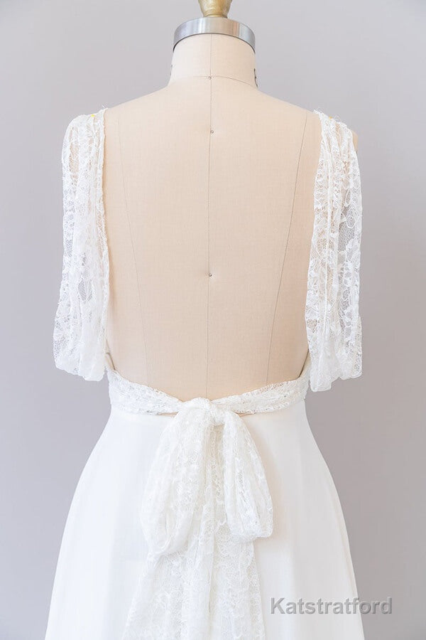 Long Empire A-line V-neck Lace Chiffon Open Back Wedding Dress
