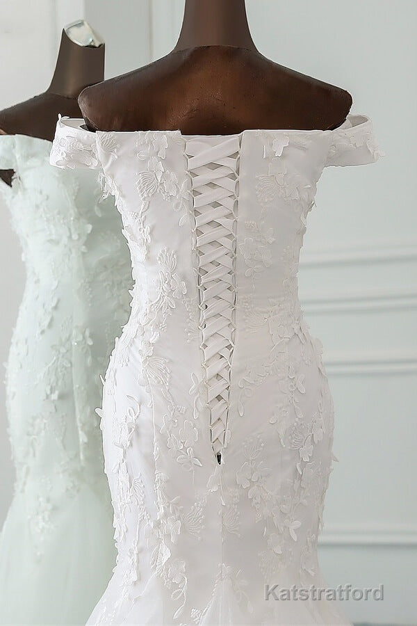 Long Mermaid Off Shoulder Lace-up Applique Lace Wedding Dress