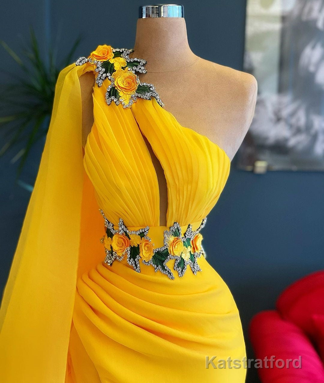 Long Mermaid One Shoulder Beading Tulle Prom Dress with Slit