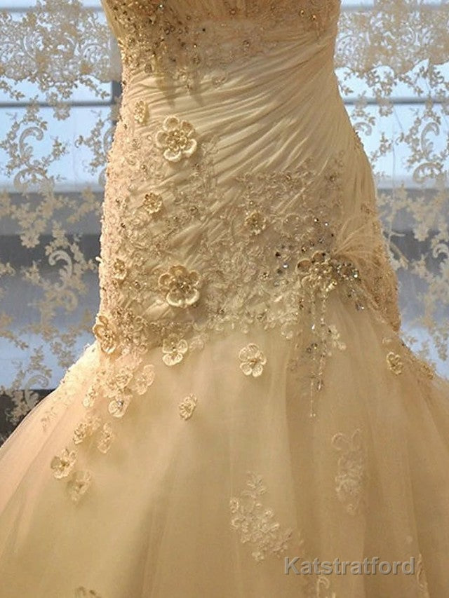 Long Mermaid Strapless Court Train Lace Organza Wedding Dresses