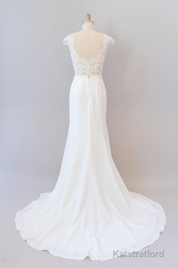 Long Sheath Illusion Lace Wedding Dress with Cap Sleeve