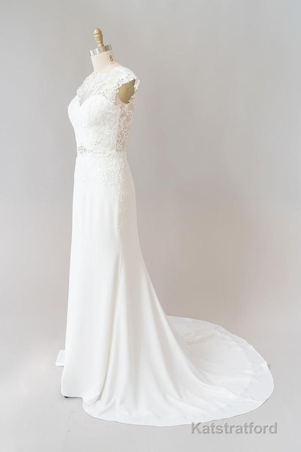 Long Sheath Illusion Lace Wedding Dress with Cap Sleeve
