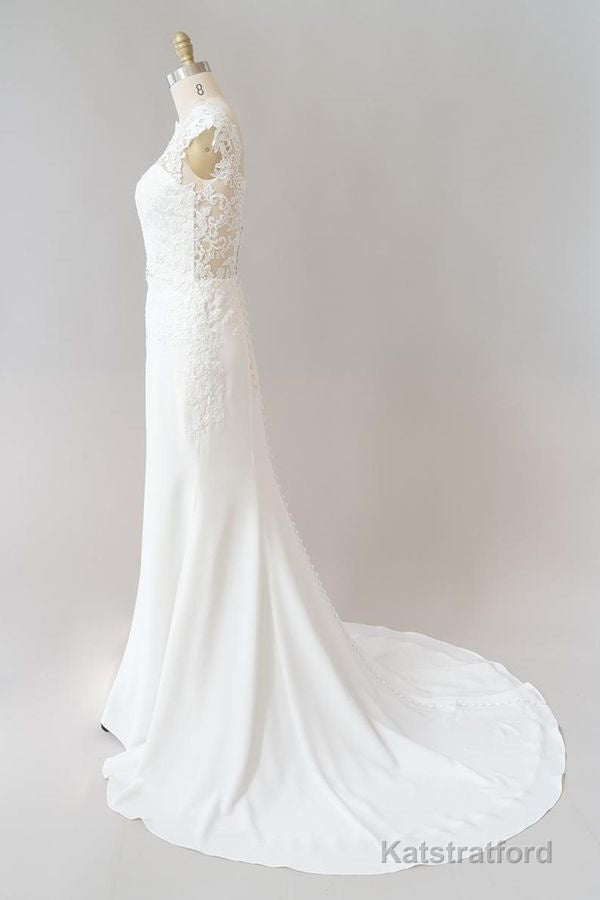 Long Sheath Illusion Lace Wedding Dress with Cap Sleeve