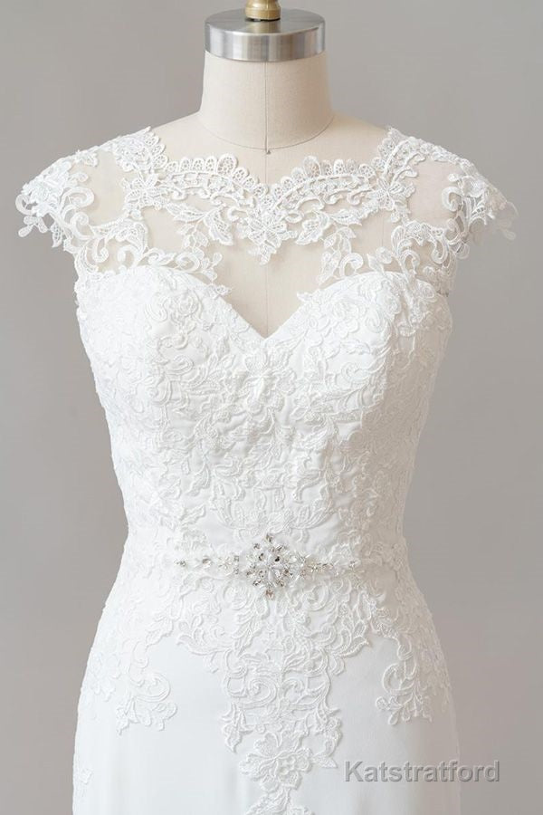 Long Sheath Illusion Lace Wedding Dress with Cap Sleeve