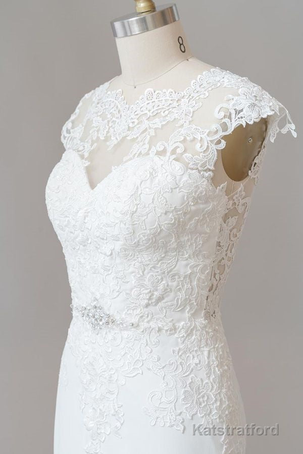 Long Sheath Illusion Lace Wedding Dress with Cap Sleeve