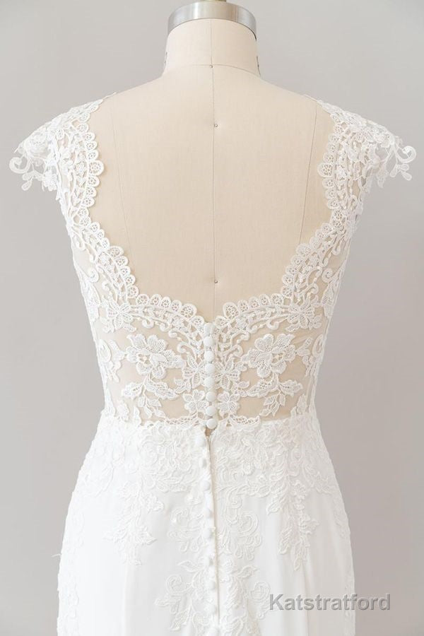 Long Sheath Illusion Lace Wedding Dress with Cap Sleeve