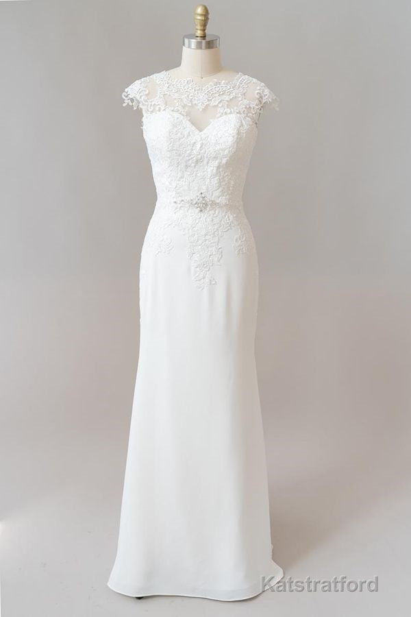 Long Sheath Illusion Lace Wedding Dress with Cap Sleeve