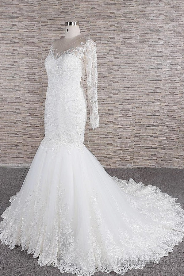 Long Sleeve Mermaid Sweetheart Appliques Lace Backless Wedding Dress